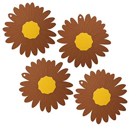 P-Plus International Anti-Hot Silicone Trivet Mat Sunflower Shape Heat Resistant Pot Holders Kitchen Insulation Coaster Trivet for Hot Dishes Trivet Mat Hot Pads (Set of 4, Brown)