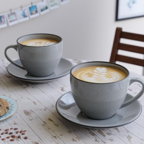 The Earth Store Grey Marble Large Ceramic Cappuccino Coffee Cup with Saucer Set of 2 Large Tea Cups Glossy Finish Stoneware | Microwave and Dishwasher Safe, Ideal for Every Celebration 250ml