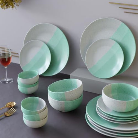 The Earth Store Handcrafted Tritone Green Matte Marble 21 Piece Ceramic Dinner Set, 6 Full Dinner Plates, 6 Quarter Plates, 6 Vegetable Bowls, 3 Snack Bowls | Microwave & Dishwasher Safe