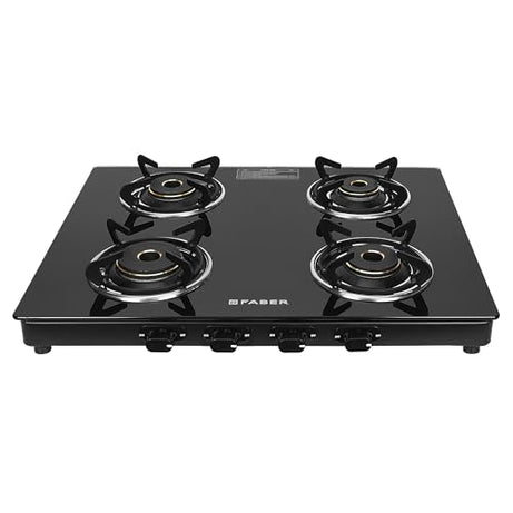 Faber 4 Burner Sleek Cooktop | 6mm Toughened Black Glass | Designer Burners | Powder Coated Pan Support | Nylon Knobs | Spill Proof | Valve Protection Cap | COOKTOP MIST 4BB AURA, Black