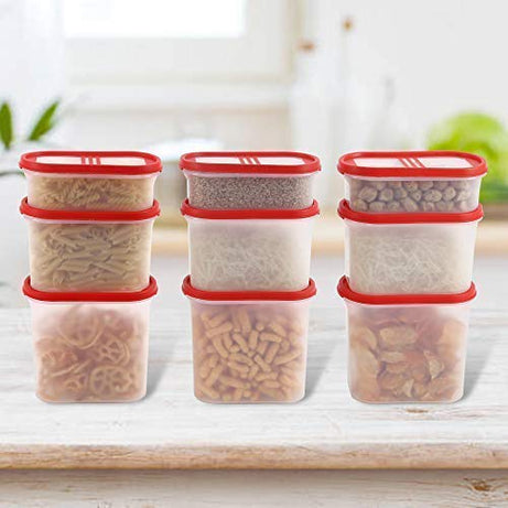 Cutting EDGE Airtight 3 Line Red Lid Box for Kitchen Storage Container Set (Set of 9, 1800ml x 3, 1200ml x 3, 525ml x 3)