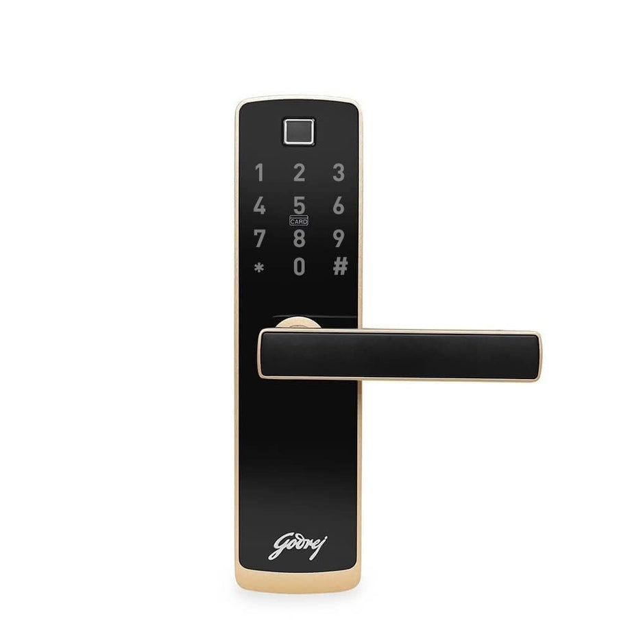 Godrej Smart Locks I Catus Touch Plus I Smart Digital Lock for Wooden Door I 4 in 1 Access I Fingerprint I RFID I PIN Access I Mechanical Key I Champagne Gold Finish I 3 Years Warranty, Alloy Steel