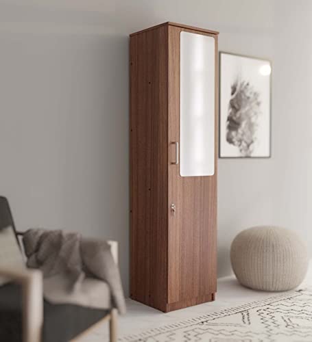 NEUDOT Monte Single Door, Leon Teak Finish Engineer Wood Wardrobe/Almirah/Organiser/Cupboard with Mirror, for Cloths and Other Storage, 4 Shelves - Brown