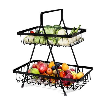 WonderStand Premium Metal Steel 2-Tier Fruit & Vegetable Basket For Home and Kitchen Dining Table/Tiered Shelf Basket (Black)