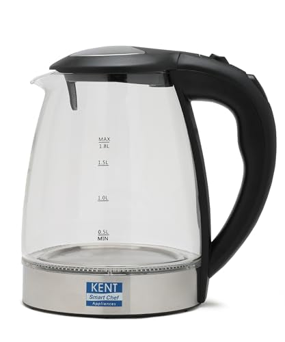 KENT Elegant Electric Glass Kettle (16052), 1.8L, Stainless Steel Heating Plate, Borosilicate Glass Body, Boil Drying Protection