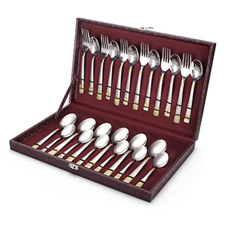 FnS RAGA 24 Karat Gold Plated 24 Pcs Cutlery Set with Leatherette Box (6 Pc Dinner Spoons, 6 Pc Dinner Fork, 6 Pc Tea Spoons & 6 Baby Spoons)