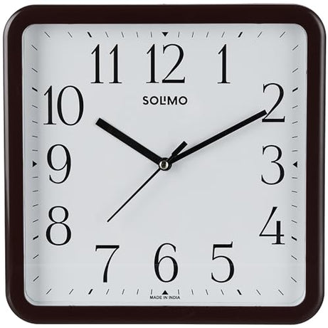 Amazon Brand - Solimo Square Wall Clock | Plastic | 9.5 Inch | Brown - Analog