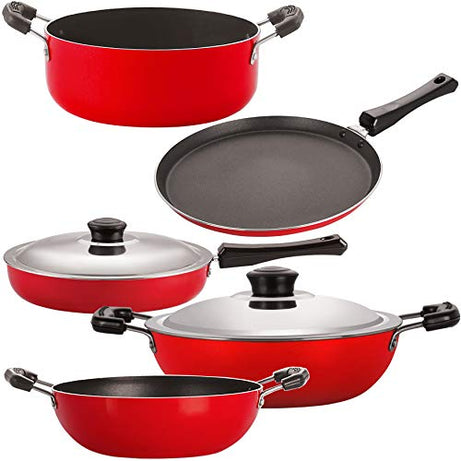 Nirlon Non-Stick 3 Layer Coated 5 Piece Kitchen Cooking Utensils Combo Set Offer with Red and Black Color, Gas Compatible