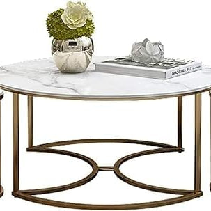 Decoration Crown Round Coffee Table Set with Stools/Wooden Tabletop and Metal Base Nesting Table for Living Room