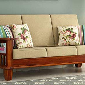 SDSF ARTS Solid Sheesham Wood 3 Seater Sofa for Living Room | Wooden Sofa Cum Couch with Magazine Holder for Hall |Sofa Set with Cream Cushion for Office & Lounge | Honey Finish, 3-Person Sofa