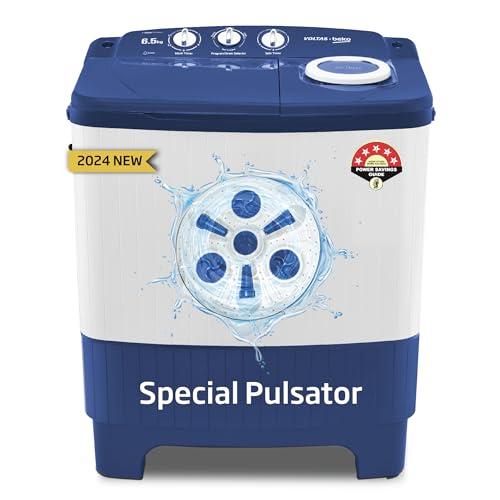 Voltas Beko, A Tata Product 6.5 Kg 5 Star Semi-Automatic Top Loading Washing Machine (2024 Model, WTT65UNX/OK3I0I0W01, Blue, Pulsator wash technology)