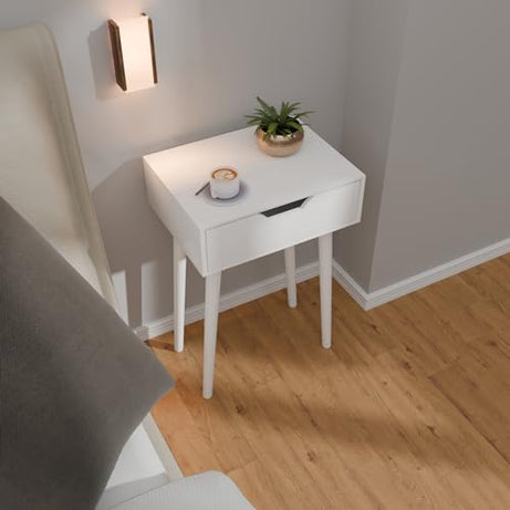 ETIQUETTE ART Modern Bedside Table with Solid Wood Legs, Minimalist and Practical End Side Table with Drawer Storage, Easy Assembly (White)