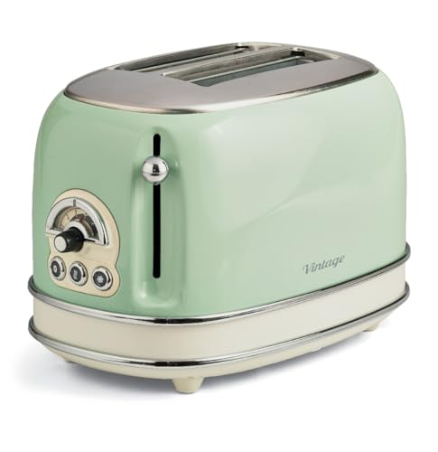 Ariete 155 Vintage 2 Slice Toaster, 810 watt, 6 toasting levels, in stainless steel painted in pastel green colour; without pliers