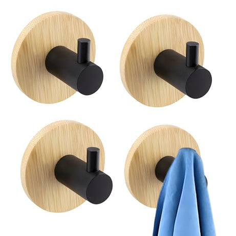 JIALTO 4 PCS Wooden Bathroom and Kitchen without Drill Self Adhesive Hooks for Wall- Self Adhesive Wall Hook - Ideal for Bathroom Accessories and Home Decor Items | Hanging Hook (Round Black Wooden)