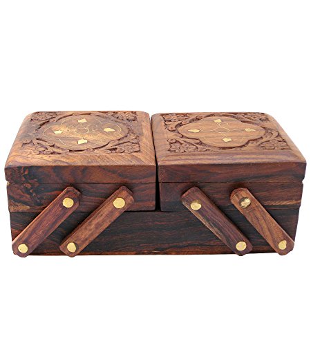 ITOS365 Jewellery Box for Women Wooden Flip Flap Flower Carved Design Handmade Gift, 8 inches