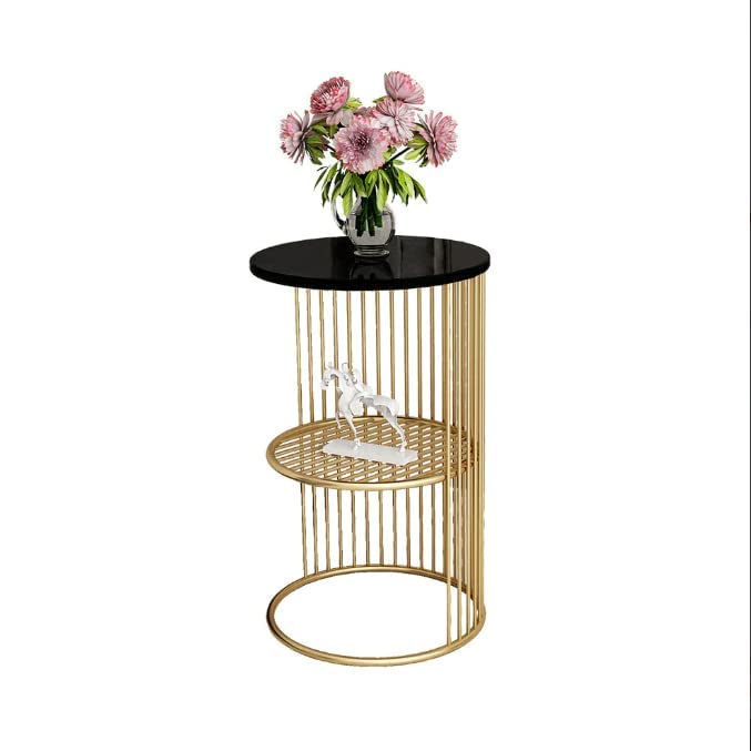 WOODWALLZ Coffee Round Accent Table for Living Room and Balcony with Metal & Engineered Wood Tabletop and Gold Coated Colour Frame (Gold Black)