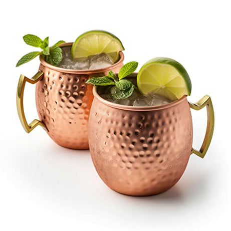 Exotic Elements Moscow Mule Mugs | Cocktails, Beer, Cold Beverages, Gift | 550ml | Pure Copper, Ergonomic Brass Handle, Nickel Plating for Corossion Resistance (Hammered Finish, Set of 2)