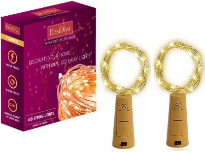 Desidiya Bottle Lights with Cork, Mini Copper Wire, 20 LED Battery Operated String Decorative Fairy Lights (Pack of 2, Warm White, Prong Base)