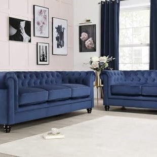 WOOD MAGIC ART Classic 3+2=5 Seater Sofa Set | Luxury Chesterfield Sofa in Velvet for Home Living Room & Office (Blue, 5- to 6-Person Sofa)