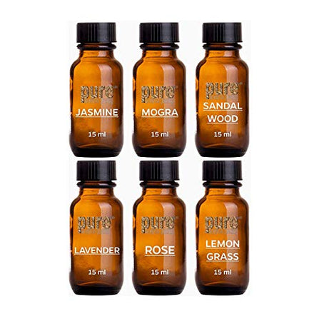 Pure Source India Aroma Diffuser Oil (Lavender, Lemongrass, Rose, Jasmine, Sandalwood and Mogra), 15ml Each, Multicolour - Set of 6