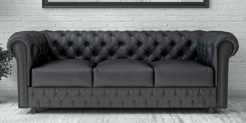 THE PORTO Leatherette Chesterfield Three Seater Button Tufted Sofa for Living Room || Leatherette 3 Seater Sofa (Pre-assembled) (Blue)