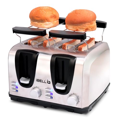 iBELL 130G Auto Pop up Bread Toaster 4 Slices, 1300 Watts with Detachable Bun Warmer Grill, Dual Controls, 7 Browning Modes, Auto Pop Up, Defrost, Reheat and Crumb Tray (Silver)