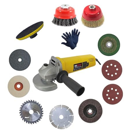 Inditrust WITH 3 MONTHS WARRANTY 950W Multi Use Powerful Grinder With 1Pair Gloves and 11pc Multi type wheel Combo Angle Grinder (100 mm Wheel Diameter)