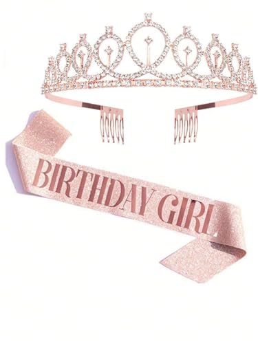 YouBella Jewellery Stylish Birthday Sash and Crown - Pack of 2 Pcs | Birthday Girl Crown | Birthday Gifts for Best Friend/Sister (Rose Gold)