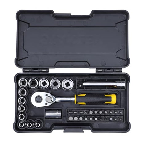 STANLEY STMT82672 1/4" 37-Piece Chrome Compact Socket Set comes with a Heavy-Duty Plastic Case for Home, DIY, Industrial & Professional Use, YELLOW & BLACK