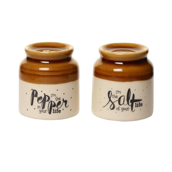 THE INDIAN HOME Hand Glazed Ceramic Salt & Pepper Shakers Set - Salt Pepper Set for Dining Table Fancy Salt Containers for Kitchen Set of 2 (HANDI BROWN PRINTED)