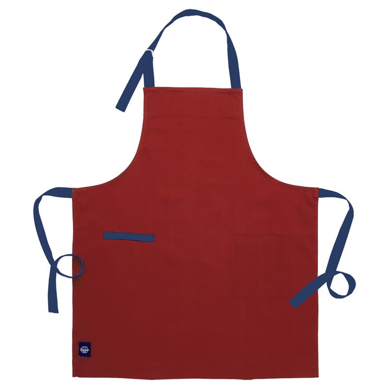 Encasa Homes Cotton Stain-Resistant Kitchen Bib Apron - Red+Scotch Blue With Adjustable Straps, Pocket & Towel Holder | For Home & Outdoors Cooking - Men & Women - 68x85 cm