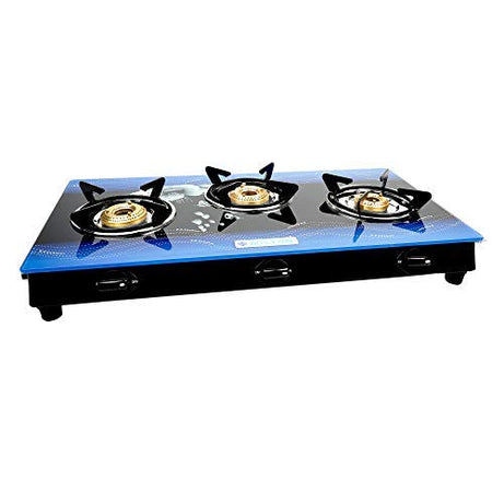 MILTON Premium 3 Burner BLUE Manual Ignition Glass Top Gas Stove, (ISI Certified)