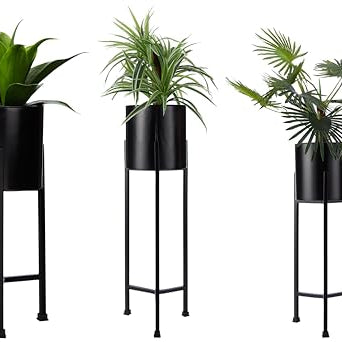 Amazon Brand - Solimo Metal Planters Pot Holder (Round Base) with Metal Plant Stand (Black, Set of 3) | Tall Indoor Plant Stand with Planter Pot, suited for indoor/outdoor