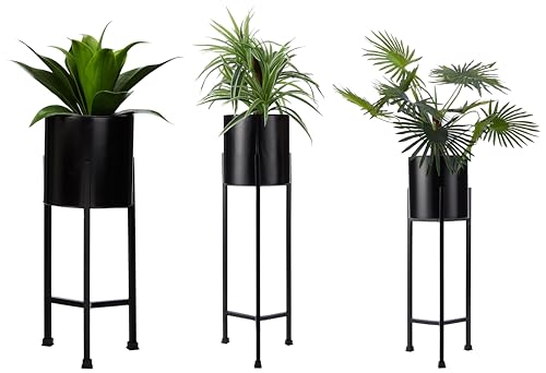 Amazon Brand - Solimo Metal Planters Pot Holder (Round Base) with Metal Plant Stand (Black, Set of 3) | Tall Indoor Plant Stand with Planter Pot, suited for indoor/outdoor