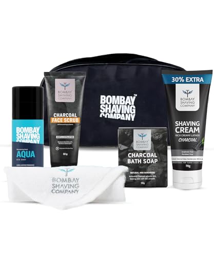 Bombay Shaving Company 6-in-1 Grooming Kit For Men | Gift Hamper for Men, Husband, Boyfriend | Shaving Kit for Men | Charcoal Scrub, Shaving Cream, Post Shave Balm, Charcoal Soap, Towel, Shaving Kit Bag | Gift Set for Prime Day