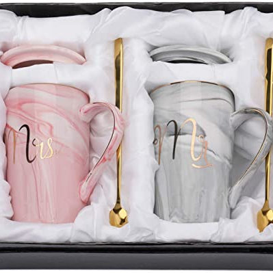 CPENSUS Ceramic Marble Finish Coffee Mug With Lid & Spoon For Anniversary Wedding Engagement Valentine Gifts For Couple 380 ML