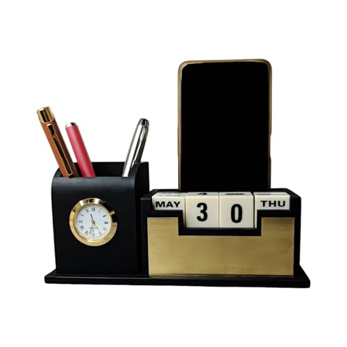 Giftana Pen Stand with Name, Table Watch,Table Calendar, Desk Organizer With Wooden, Pen Stand for Doctors, Office Desk & Study, New Year Corporate Gift for Employee (Golden)