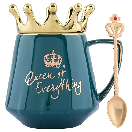 NYRWANA Queen of Everything Coffee Mug, Birthday Gift for Girls, Rakhi Gift, Birthday Gift for Women, Wedding Gift, Coffee Mug with Lid, Mug with Golden Crown Lid & Spoon (350ml - Green)