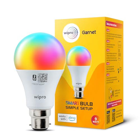 Wipro Garnet Simple Setup 9W Led Smart Bulb | Simple Setup With Amazon Alexa | Dynamic Colours, White Tunable, Dimmable | No Hub Required | Compatible With Alexa Only | Pack Of 1 - B22D