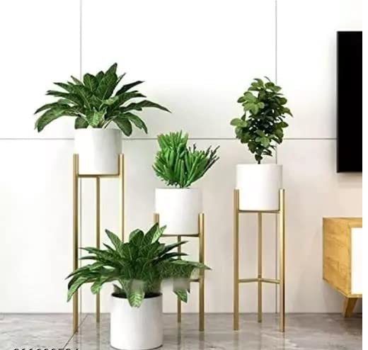 Alk Kareem Modern Metal Decorative Floor Standing Plant Stand with Pot, White & Gold, Indoor/Outdoor, for Home Decor, Living Room, Office, Bedroom, Balcony, Pack of 1 (Style 1)