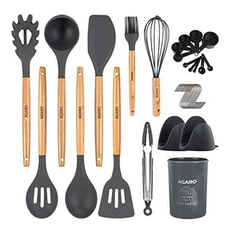 AGARO Elegant 14 Pcs Kitchen Utensils Set, BPA Free Spoon, Spatula, Cooking+Baking, Non Stick Silicone Cookware, Wooden Handle, Heat Resistant, Laddle Fork, Tongs with Hooks, Spatula Set, Dark Grey