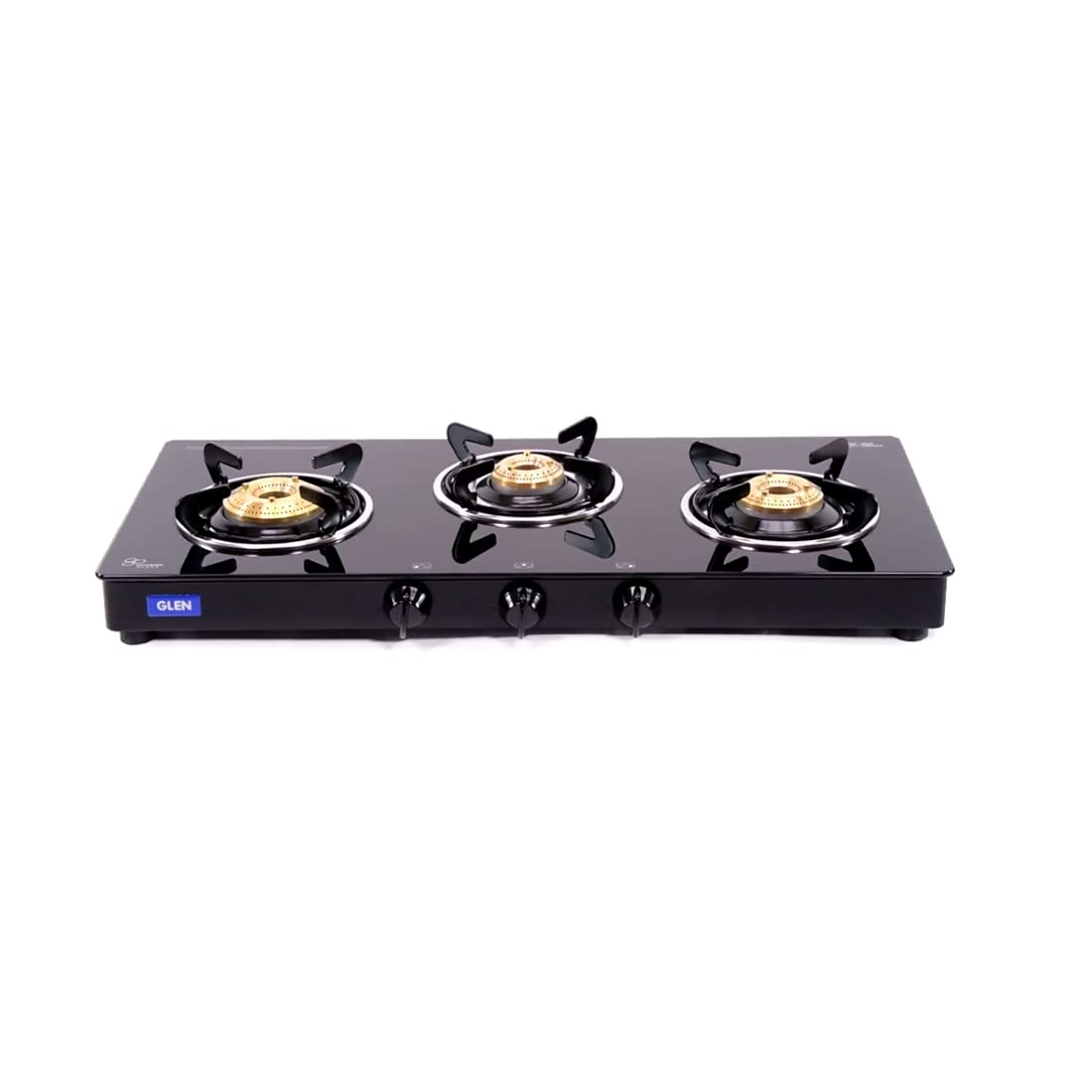 Glen 3 Burner Toughened Glass Top | LPG Gas Stoves with Fuel Efficient Brass Burners | Black | ISI Certified| Fixed Stainless Steel Drip Trays | 1033 GT BB BL (XL Manual)