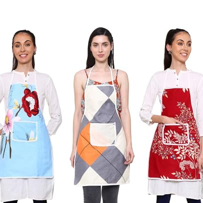 GLUN Printed Piping Waterproof Apron 3 Different Print Apron Pack of 3 (Print Pack 1)