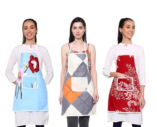 GLUN Printed Piping Waterproof Apron 3 Different Print Apron Pack of 3 (Print Pack 1)