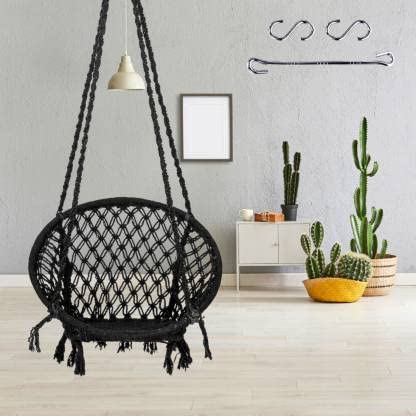 Swingzy Cotton Netted Hanging Swing Chair for Adults/Swing for Balcony/Outdoor Swing Chair/Hammock Swing for Home, Patio, Garden, Indoor/Balcony Hanging Chair (120 Kg Capacity, Black)