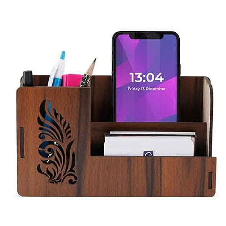 Generic Kbr Pen Stand With Visiting Card & Mobile Holder Multipurpose Wooden Desk Organizer Pen And Pencil Stand For Office Table With Business Card Holder Box And Mobile Stand A - Stationery, Brown