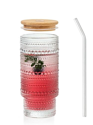 FOMQUAZLI Drinking Glasses with Bamboo Lids and Glass Straw - 450ML Flute Shaped Glass Cups Beer, Glass Sipper,Mason Jar, Ice Coffee Glasses Cute Tumbler Cup Great for Soda Boba Tea Cocktail