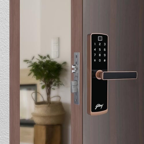 Godrej Smart Lock I Catus Touch Plus I Smart Digital Lock for Wooden Door I 4 in 1 Access I Fingerprint I RFID I PIN Access I Mechanical Key I Rose Gold Finish I 3 Years Warranty