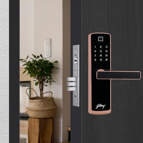 Godrej Smart Lock I Catus Connect I Digital Lock for Wooden Door | 5 in 1 Access I WiFi I Fingerprint I RFID Card I PIN Access I Mechanical Key I 3 Strong Locking Dead Bolts I Rose Gold I3 Yr Warranty