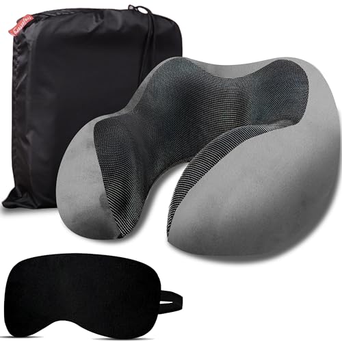 Trajectory Travel Neck Pillow Memory Foam 3 in 1 Combo with Eye Mask and Carry Bag Combo for Travel in Flights Train Airplane and Orthopedic Cervical Pain, Grey